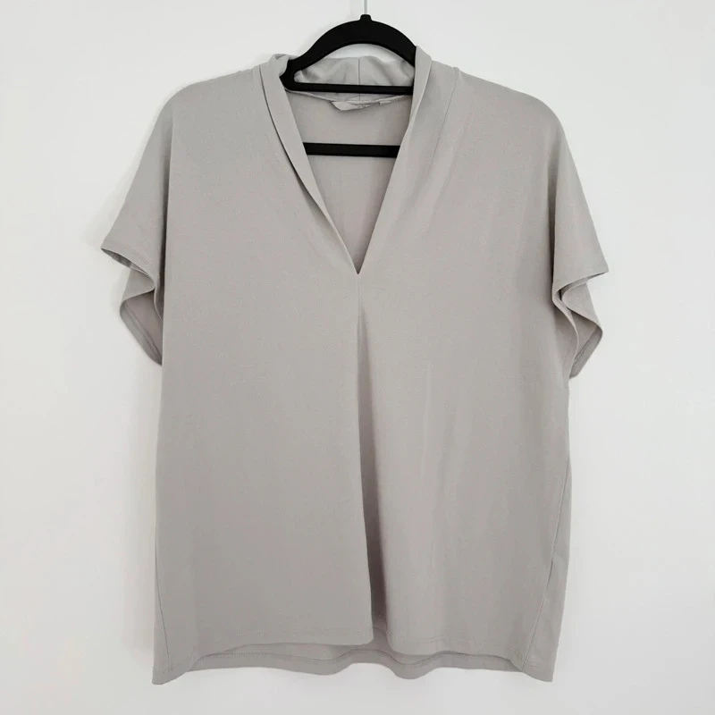 🤍 H&M Blouse Femme L Beige Col V Manches Courtes Chic Minimaliste Bureau
